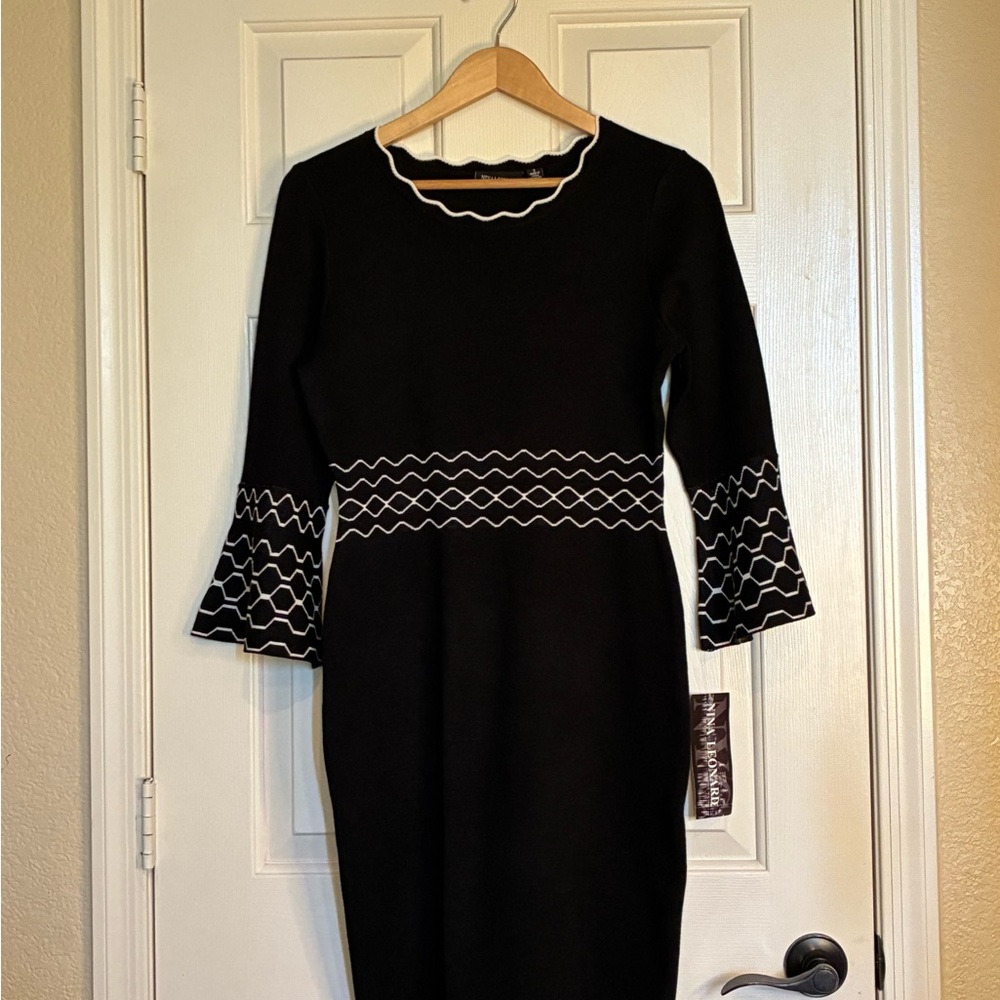 Nina Leonard Black Midi Sweater Dress with White Detailing